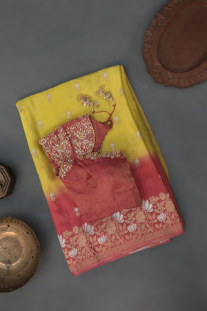 Beautiful chinnon silk saree in yellow and peach shade