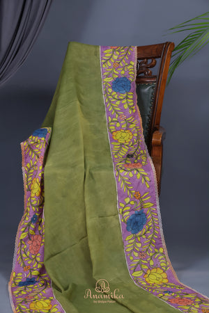 Parrot Green falling silk with hand painted kalamkari border