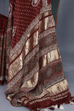 Deep wine modal silk ajrak saree with hand work border
