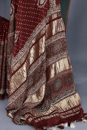 Deep wine modal silk ajrak saree with hand work border