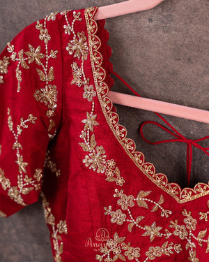 Beautiful Elbow sleeves blouse in red with gold floral vines work