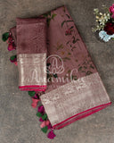 Light brown pure silk saree with kalamkari print and kanchi border