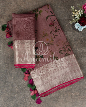 Light brown pure silk saree with kalamkari print and kanchi border
