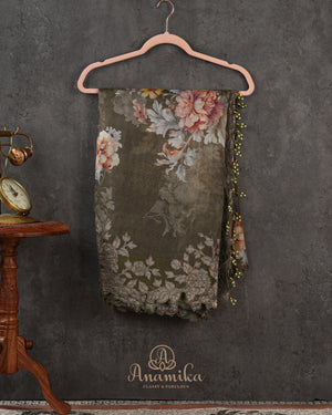 Olive green Handloom Lenin saree with digital floral prints