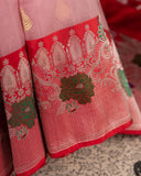 Pink Banarasi kora with a beautiful contrast red meenakari floral border