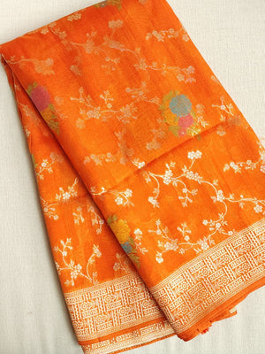 Deep Orange Munga silk saree with contrast off white puff sleeves blouse