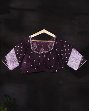 Stunning combo of brown and lavender Kanchipattu saree