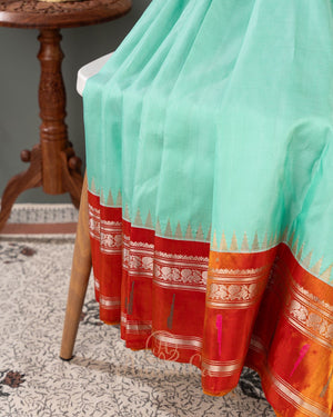 Ice Blue Gadwal Saree with contrast paithani border and pallu