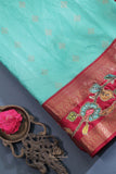 Sky Blue and red kanjeevaram with floral applique border