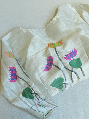 Tusser georgette saree in purple with all over floral weave and paired with pure paithani blouse