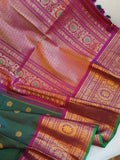 Peacock Green Gadwal Kanchi Saree with a magenta pink border