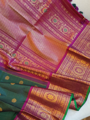 Peacock Green Gadwal Kanchi Saree with a magenta pink border