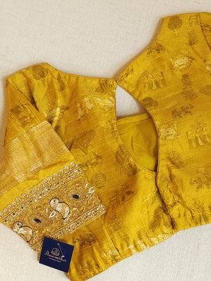 Light weight dupion saree in blue with contrast yellow kalamkari border