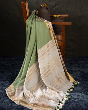 Pure mysore crepe silk saree in a beautiful shade of green and off white