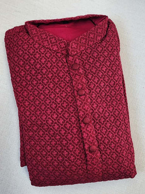 Maroon heavy thread embroidered kurta