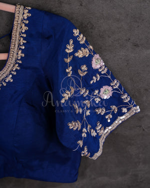 Mid Night Blue Goergette Organza saree with zari lines all over