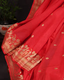 Raw Mango saree in red paired with a pink blouse