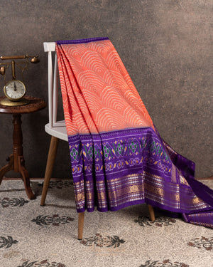Peach & Purple Twill Silk Saree with patola and kanchi border