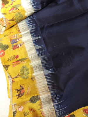 Light weight dupion saree in blue with contrast yellow kalamkari border