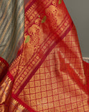 Vibrant Gadwal Kanchi Saree in a unique combo of light grey with maroon red