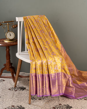 Lovely pastel yellow and lavender kanjeevaram saree