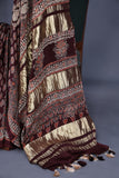 Earthy brown ajrak saree with swaroski stone work