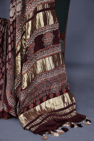 Earthy brown ajrak saree with swaroski stone work