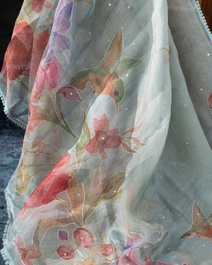 Tissue organza saree with hand painted floral appliq work