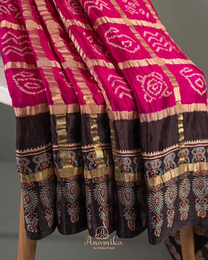 Pink Bandini gharchola saree with ajrak border and blouse