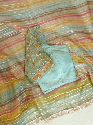 Multi colored striped sequins Georgette saree