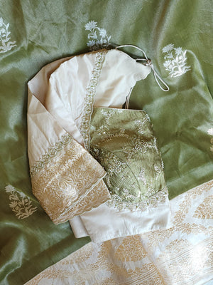 Banarasi tissue saree in a lovely sage green and ivory combo