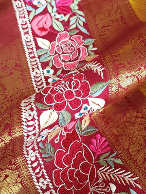 Mustard kanjeevaram saree in mustard with thread work border