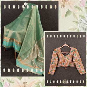 Green tissue soft silk saree with checkered design