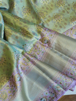 Stunning meenakari kanjeevaram in pastel green and lavender hues