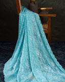 A contemporary lace saree in pastel blue with a stunning blouse pattern