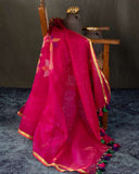 Muslin jamdaani saree in hot pink with floral weave and woven sequins