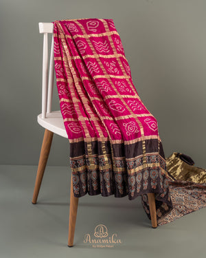 Pink Bandini gharchola saree with ajrak border and blouse