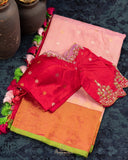 Pink Gadwal tissue saree with a contrast red border