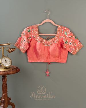 Peach Gadwal saree with peacock motifs