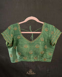 Parrot green blouse in short sleeves with gold zardosi work