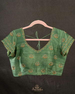Parrot green blouse in short sleeves with gold zardosi work