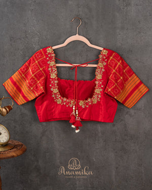 Pure silk blouse in red with patola silk sleeves