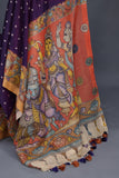 Deep purple bandini saree with a hand painted kalamkari border