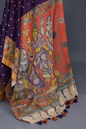 Deep purple bandini saree with a hand painted kalamkari border