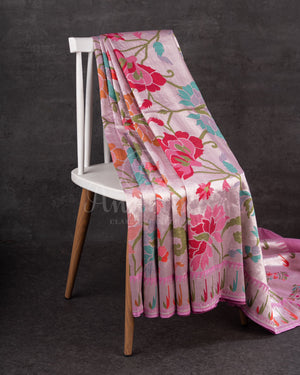 Baby Pink Tusser georgette saree with all over paithani weave