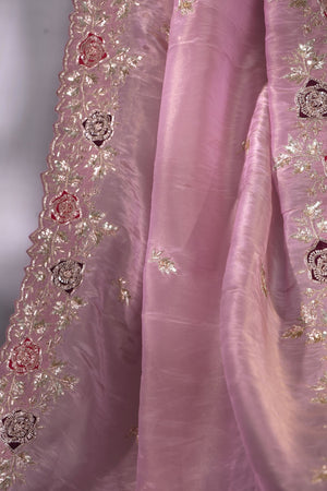 Elegant Satin Organza saree in lilac with intricate embroidery