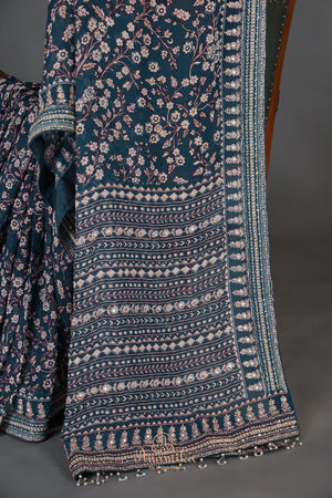Deep teal blue Georgette saree