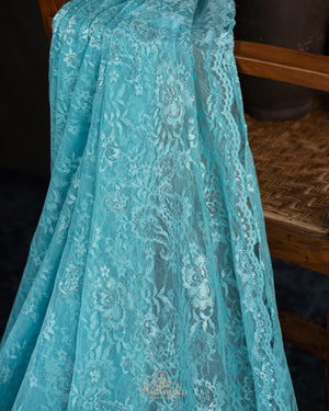 A contemporary lace saree in pastel blue with a stunning blouse pattern