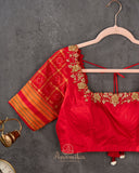 Pure silk blouse in red with patola silk sleeves