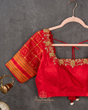 Pure silk blouse in red with patola silk sleeves